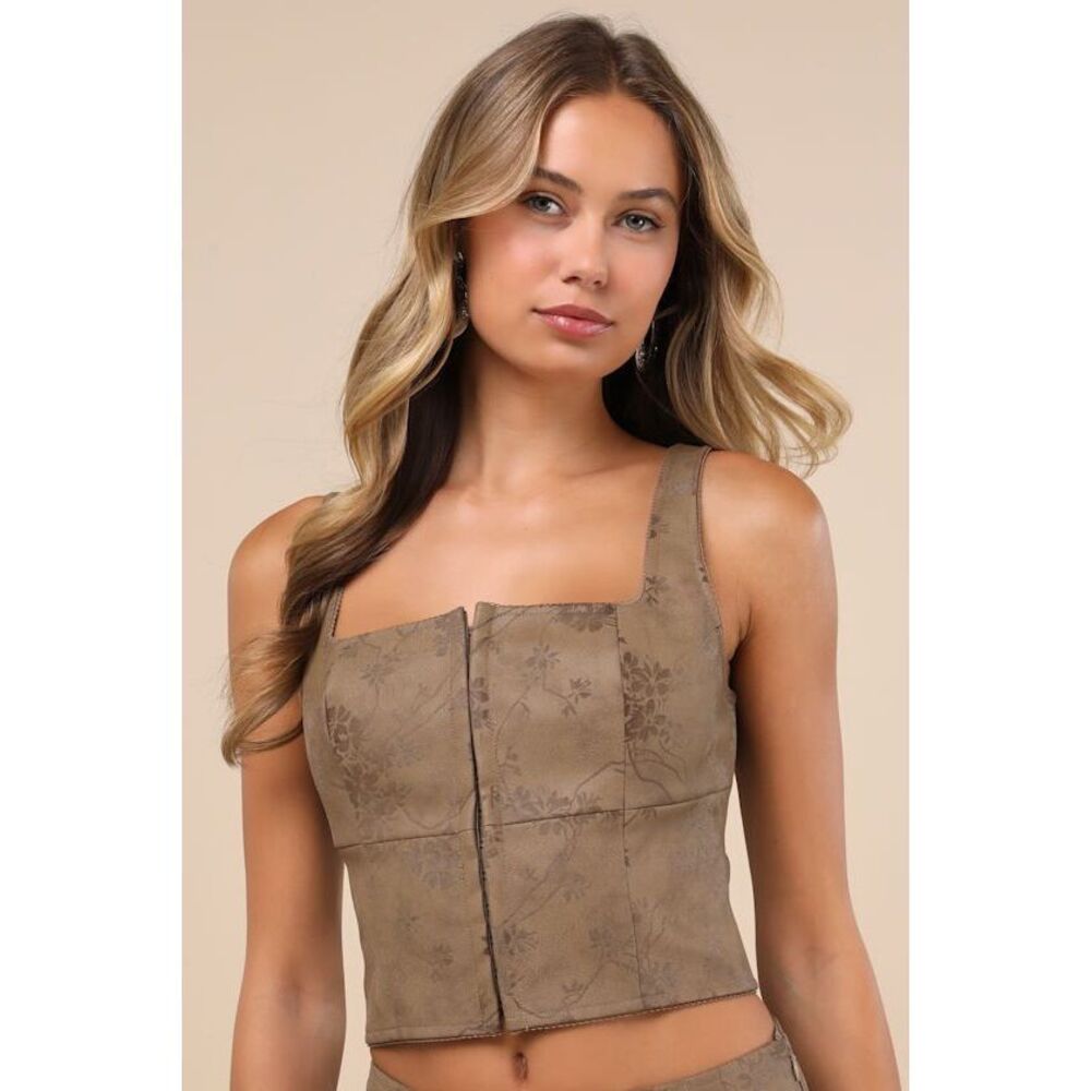 Lulus Coveted Brown Floral Vegan Leather Bustier Crop Top - Size M